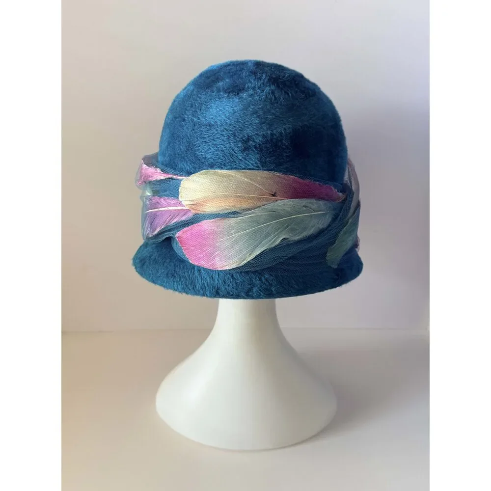 Vintage Christian Dior Chapeaux Turquoise Cloche Hat | Feather Trim Designer Ha
